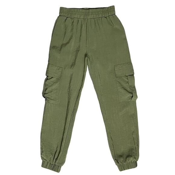 Forever 21 Womens Jogger Pants M Green Crepe Cargo Pockets Pull On Elastic Waist - Picture 1 of 7